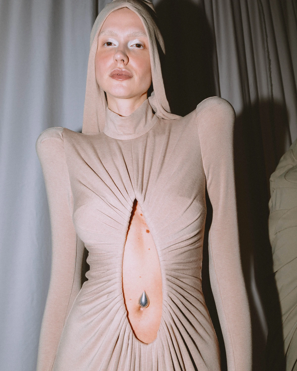 C.PROTOCOL SS27 — draped beige dress, alternate view and detail