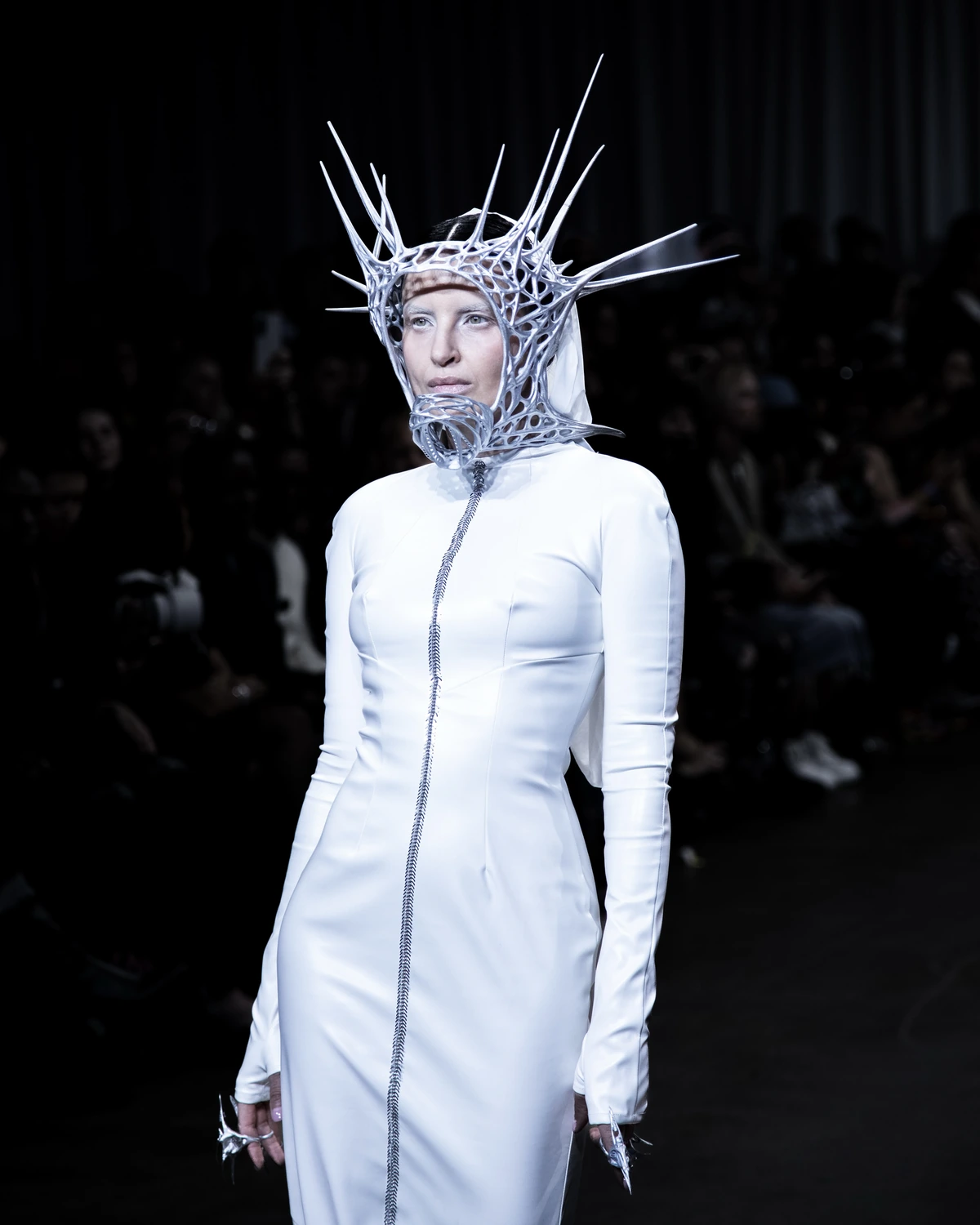 C.PROTOCOL SS27 — silver spiked headpiece, garment view