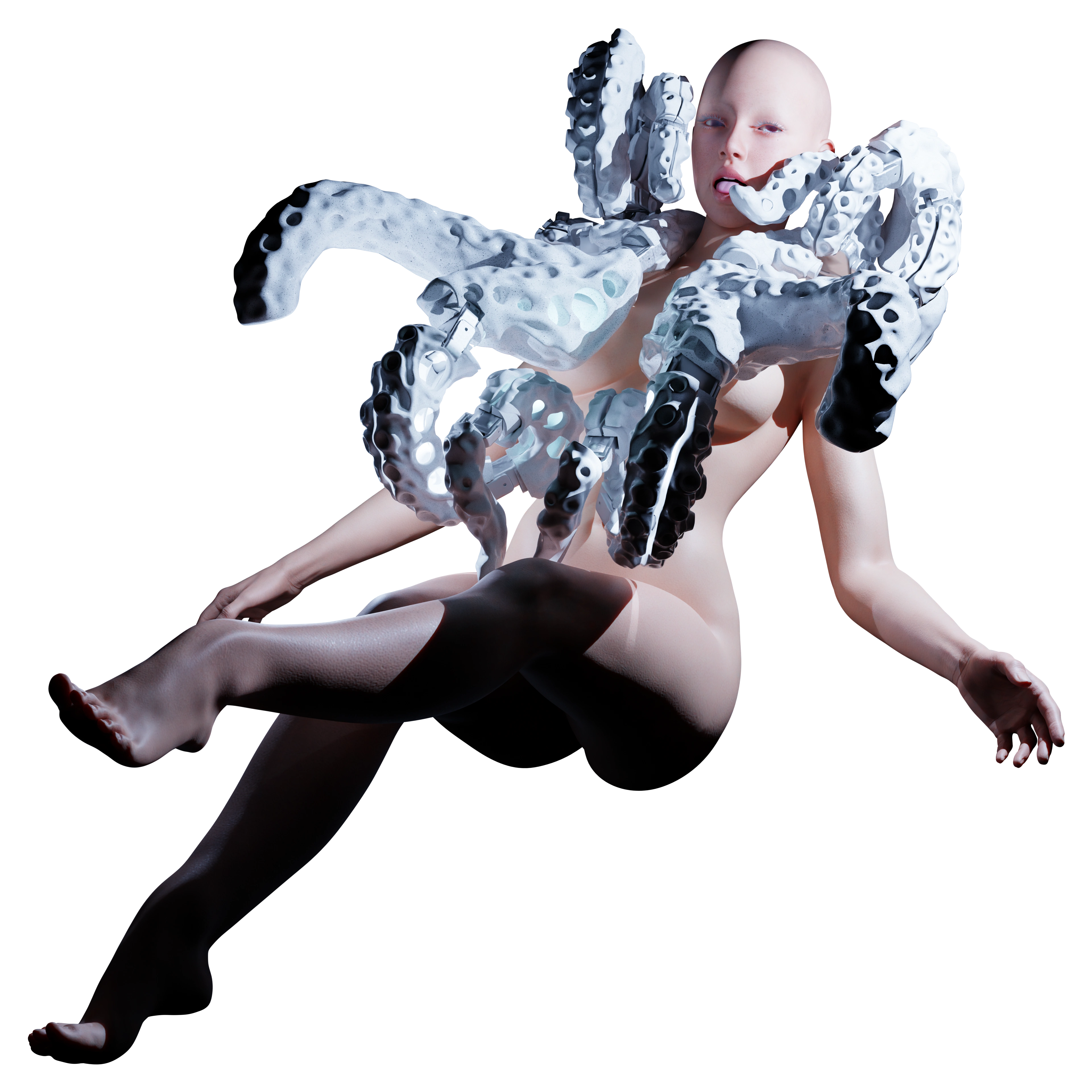 Symbiotic Rendering complete figure with white sculptural extensions