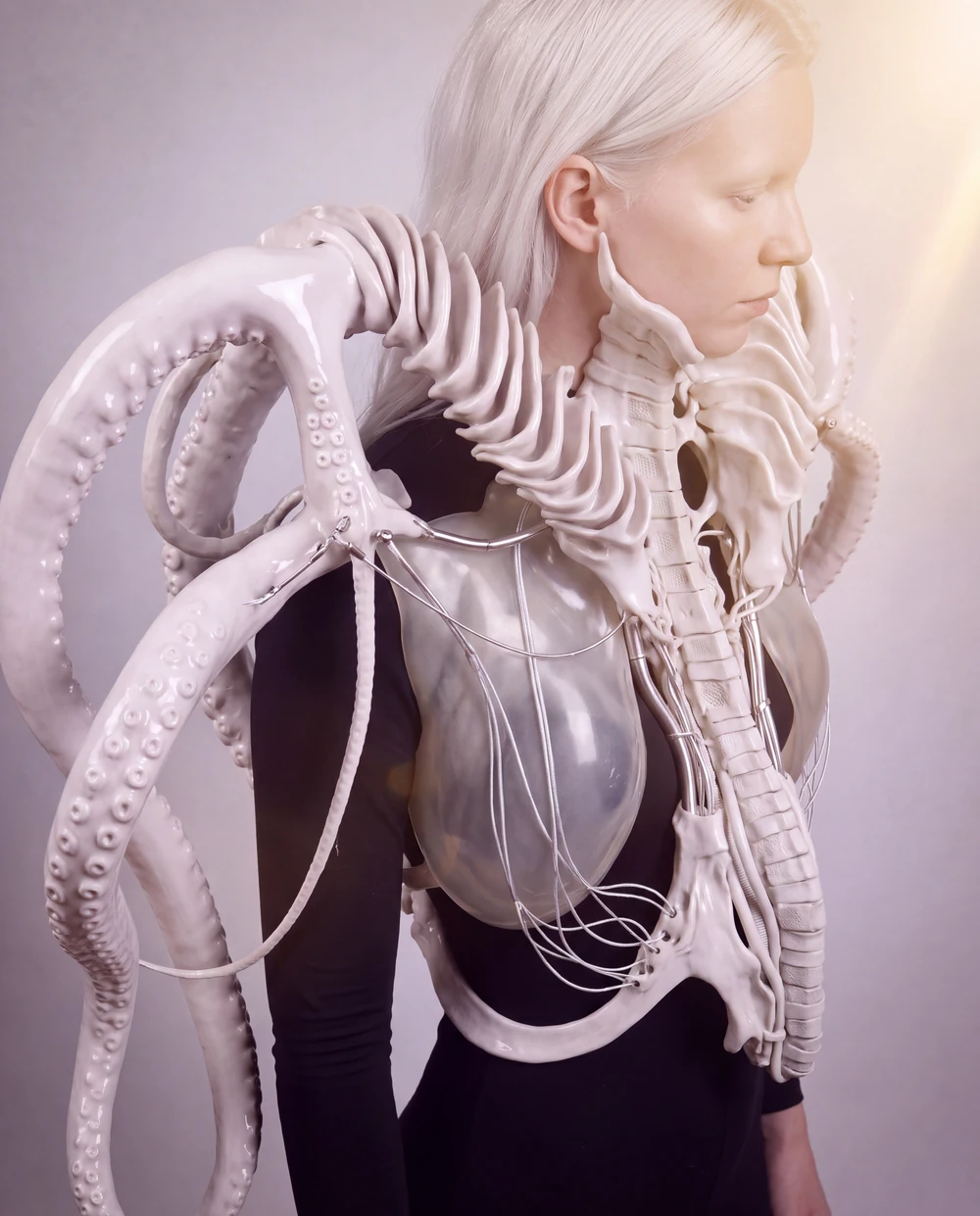 Symbiotic Rendering · Hertz preview: side detail of the white wearable structure