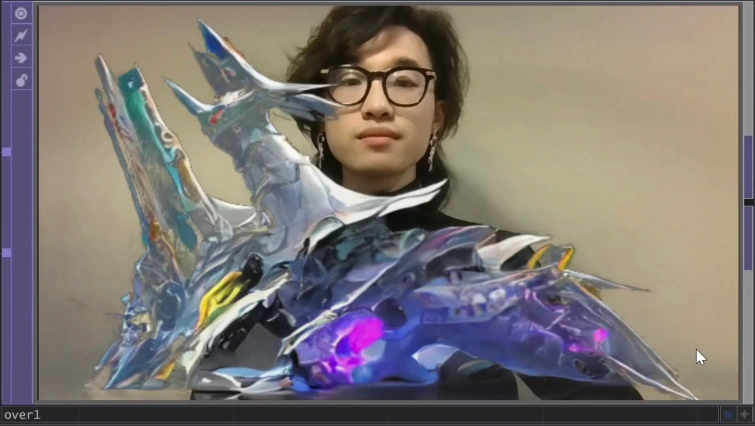 Real-time generated silver and blue fashion structure around the wearer