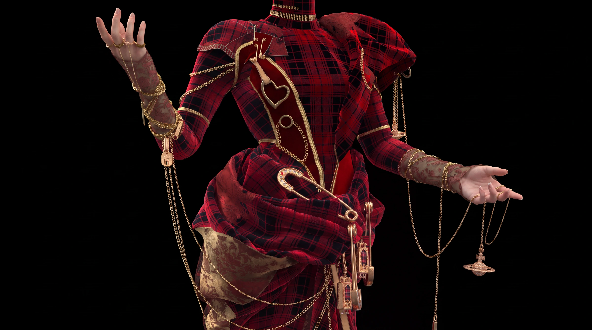 Red tartan fashion design with gold chains and oversized safety pins